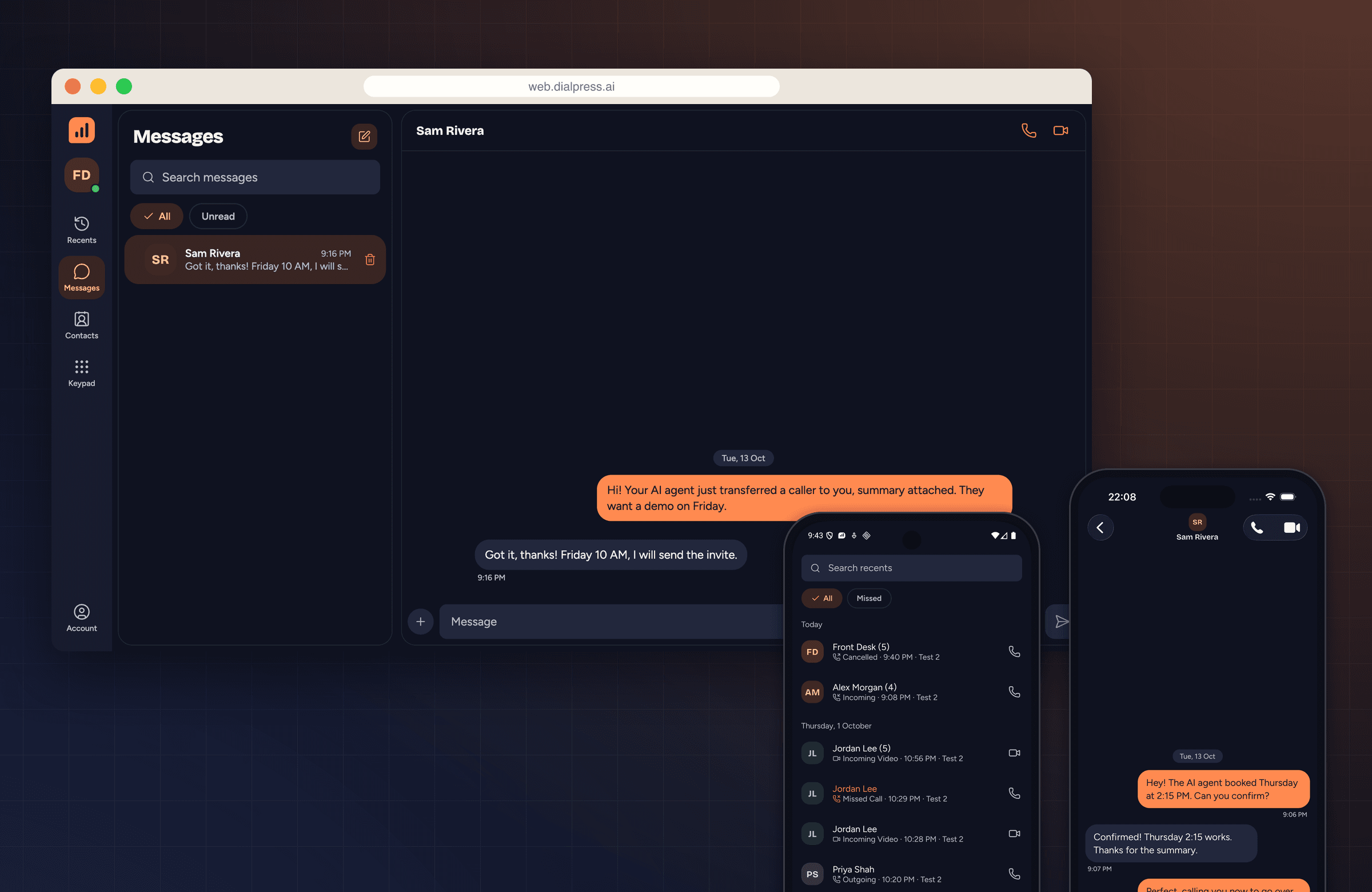 DialPress softphone messages on the web, Android and iPhone in dark mode