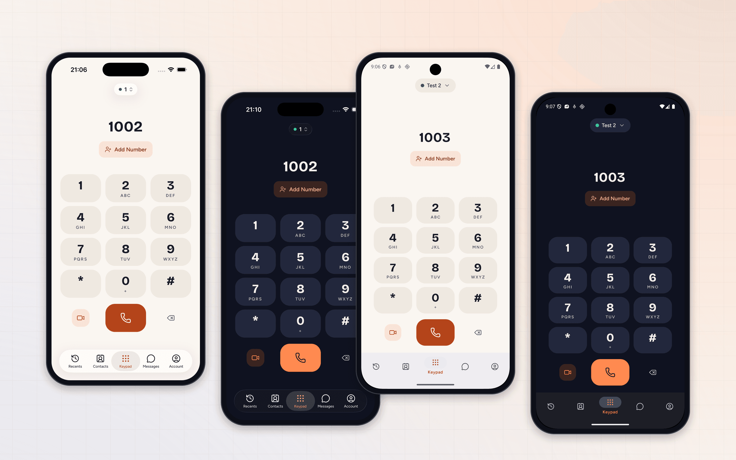 The DialPress softphone keypad in light and dark on iPhone and Android
