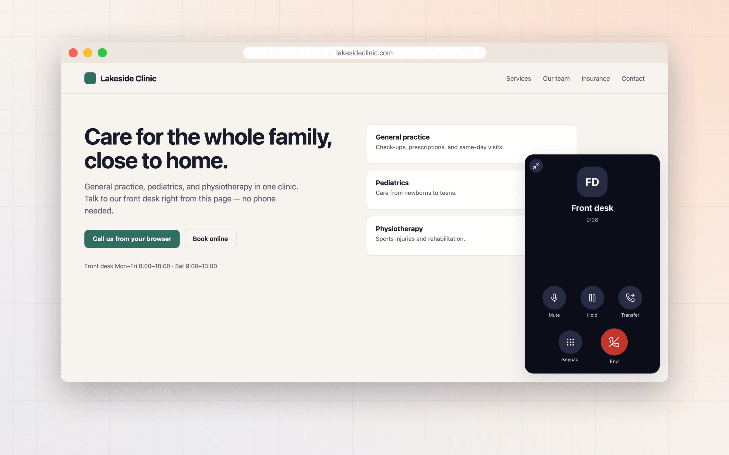 The DialPress softphone widget in a call on a clinic website